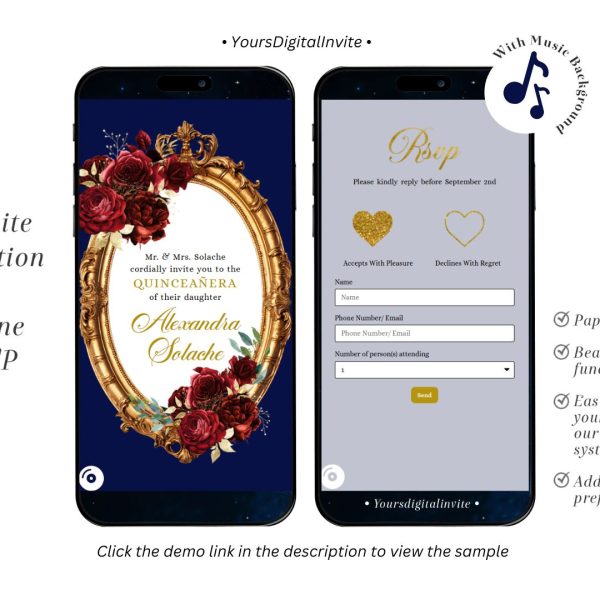 A15 Fairytale Royal Blue and Red Rose Quinceañera Invitation