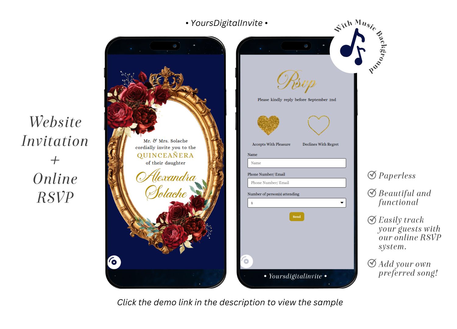 1+4 A15 Fairytale Royal Blue and Red Rose Quinceañera Invitation