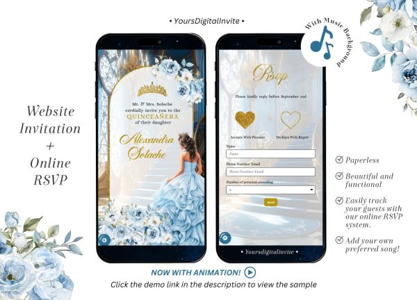 Dusty Blue Fairytale Floral Princess Quinceañera Invitation