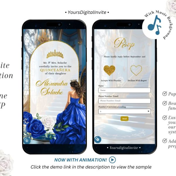 A15 Royal Blue Fairytale Floral Princess Quinceañera Invitation