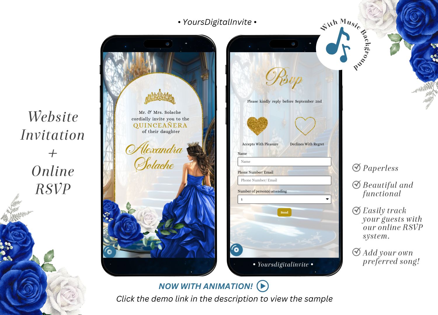 A15 Royal Blue Fairytale Floral Princess Quinceañera Invitation