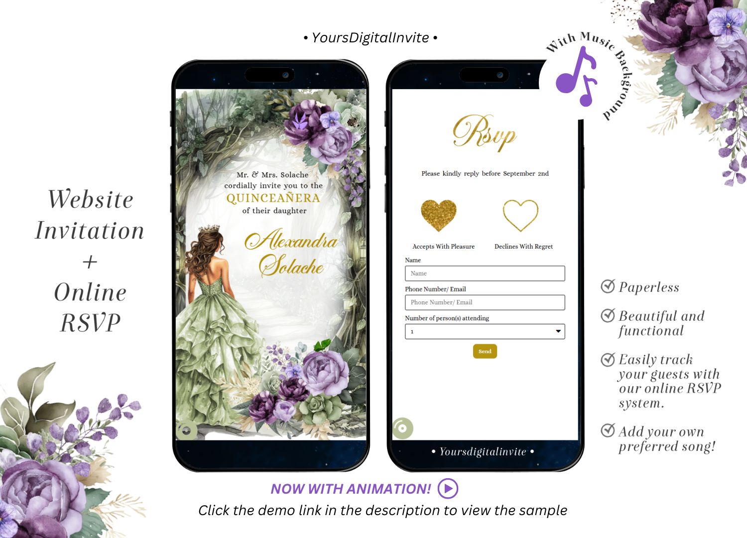 Sage Green Purple Whimsical Forest Quinceañera Invitation