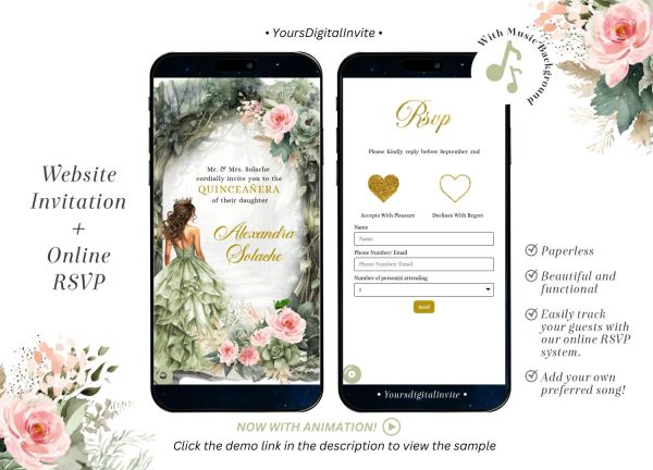 A14 Sage Green Pink Whimsical Forest Quinceañera Invitation