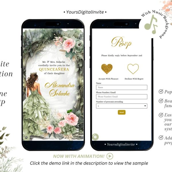 A14 Sage Green Pink Whimsical Forest Quinceañera Invitation