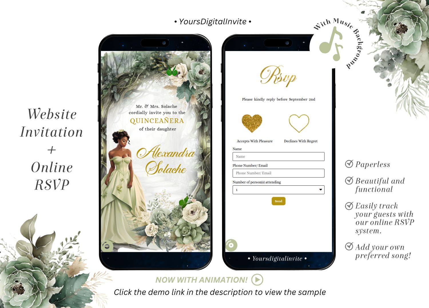 1+4 A14 Sage Green African American Forest Quinceañera Invitation