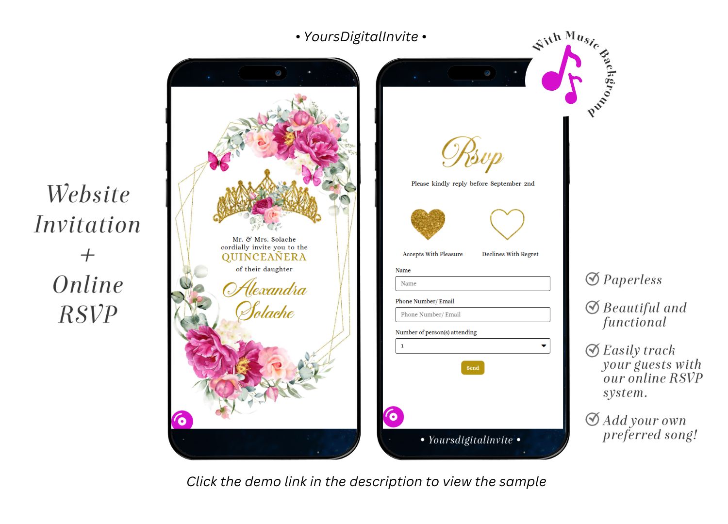 1+4 A16 Geometric Fuchsia Pink And Gold Mexican Princess Quinceañera Invitation