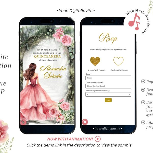 A14 Fairytale Princess Pink Enchanted Forest Quinceañera Invitation