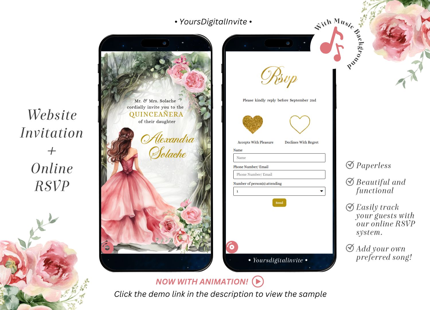 A14 Fairytale Princess Pink Enchanted Forest Quinceañera Invitation