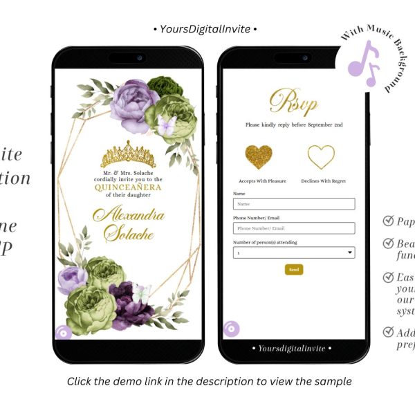 Q34 Geometric Butterfly Purple Lilac and Sage Green Quinceañera Invitation