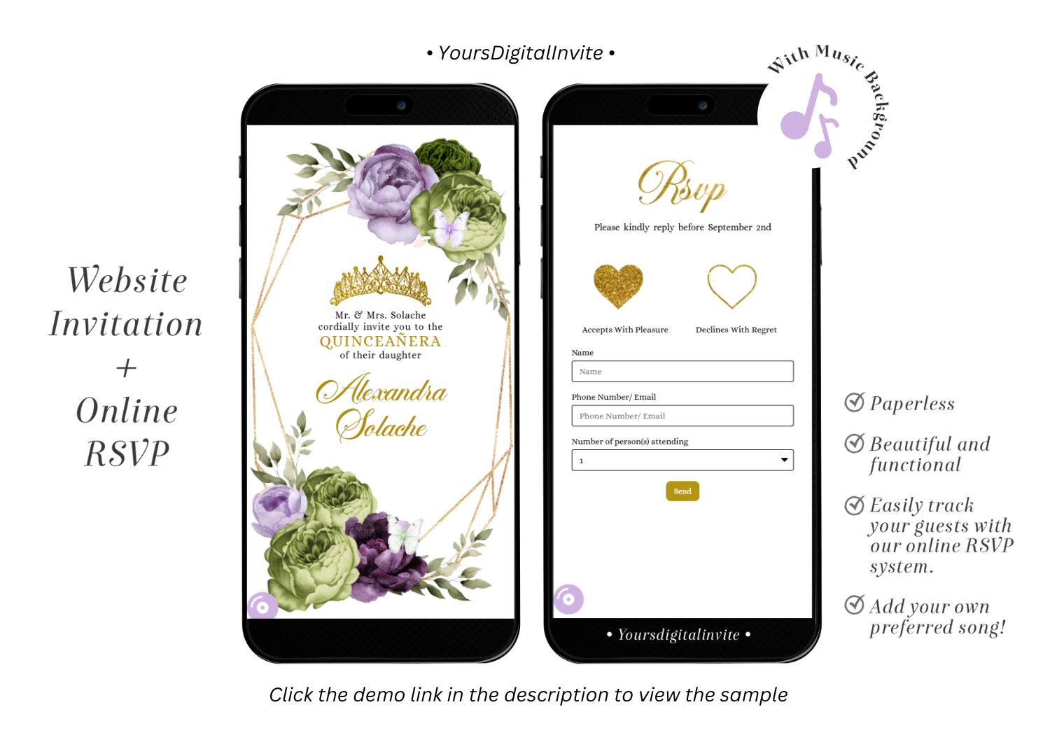 Q34 Geometric Butterfly Purple Lilac and Sage Green Quinceañera Invitation