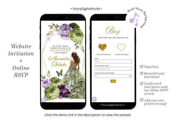 Q34 Geometric Butterfly Purple Lilac and Sage Green Quinceañera Invitation