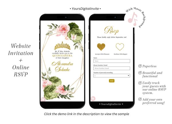 Geometric Butterfly Blush Pink and Sage Green Quinceañera Invitation