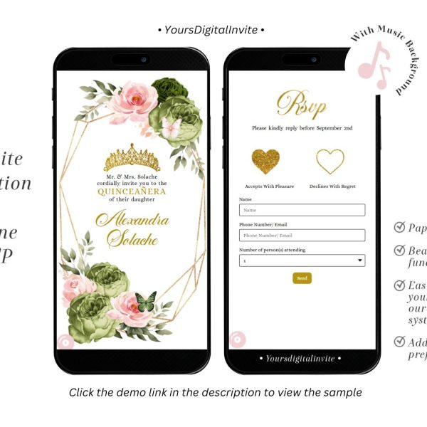Geometric Butterfly Blush Pink and Sage Green Quinceañera Invitation