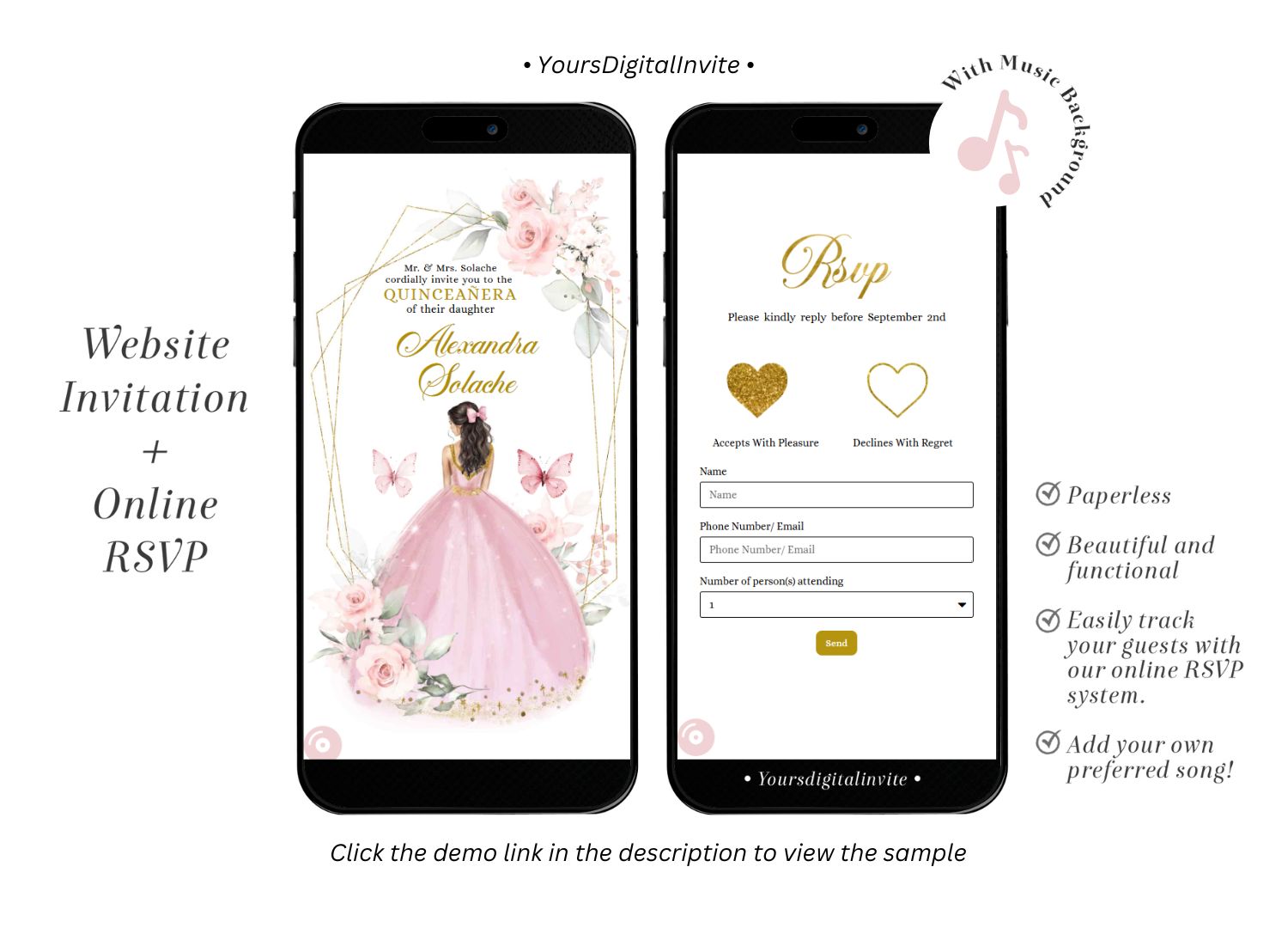 1+4 A16 Pink And Gold Mexican Princess Quinceañera Invitation