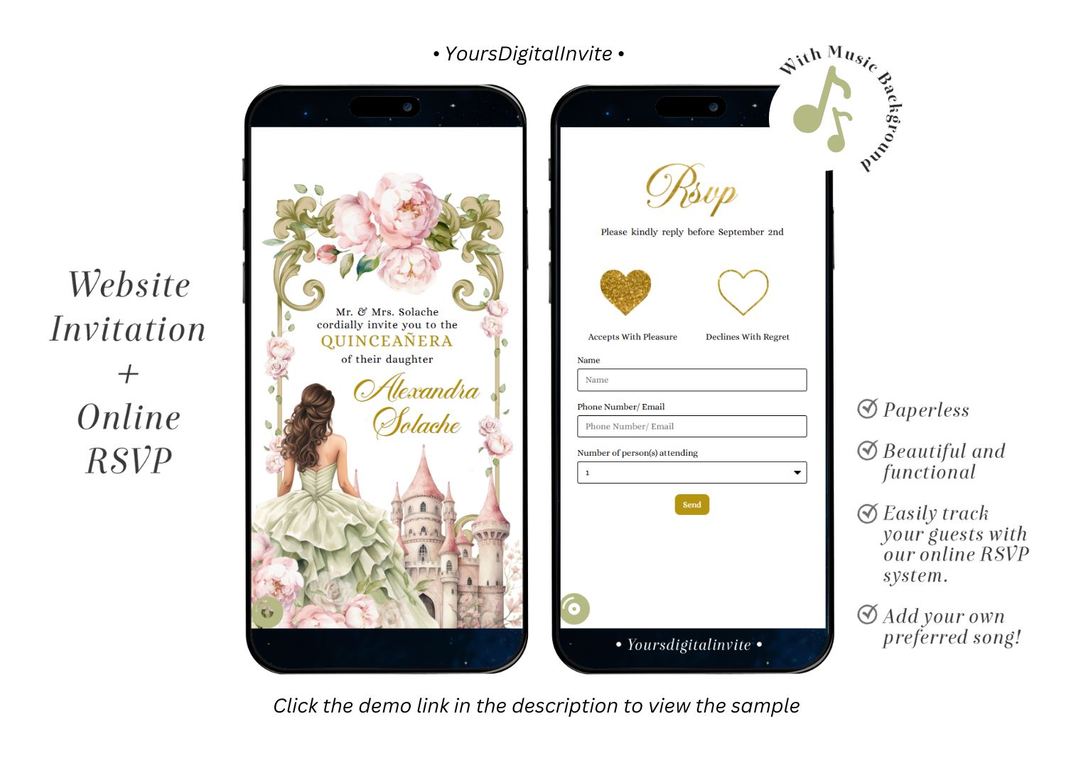 1+4 A15 Fairytale Princess Castle Sage Blush Pink Floral Quinceañera Invitation