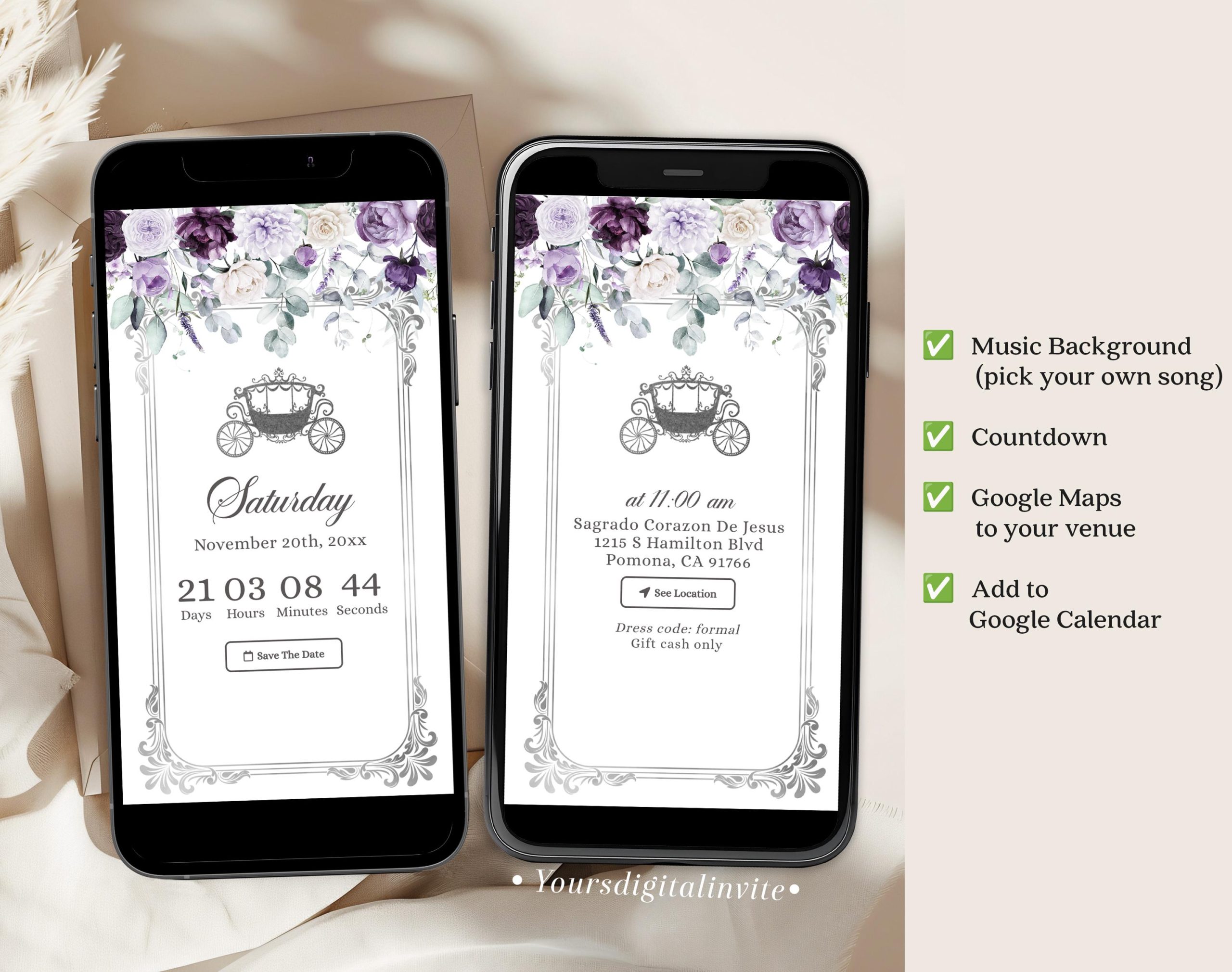 Q5 Fairytale Royal Castle Elegant Purple Quinceañera Invitation