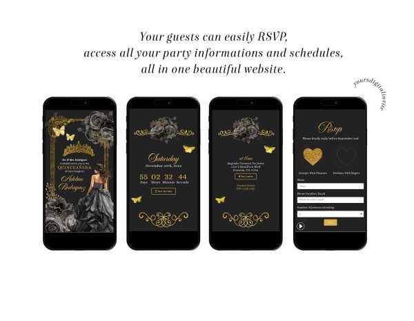Royal Ballroom Gold and Black Rose Princess Quinceañera Invitation