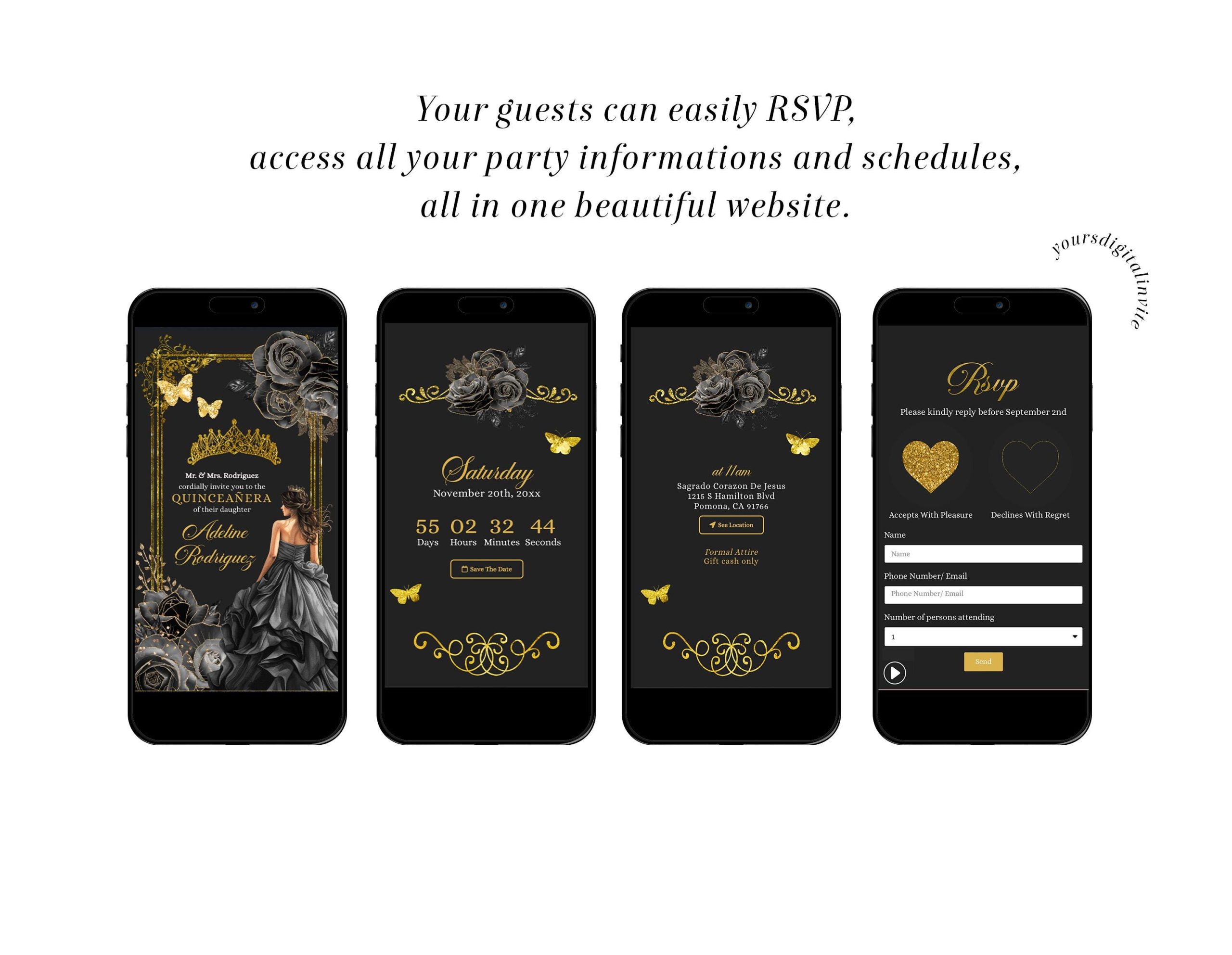 Royal Ballroom Gold and Black Rose Princess Quinceañera Invitation