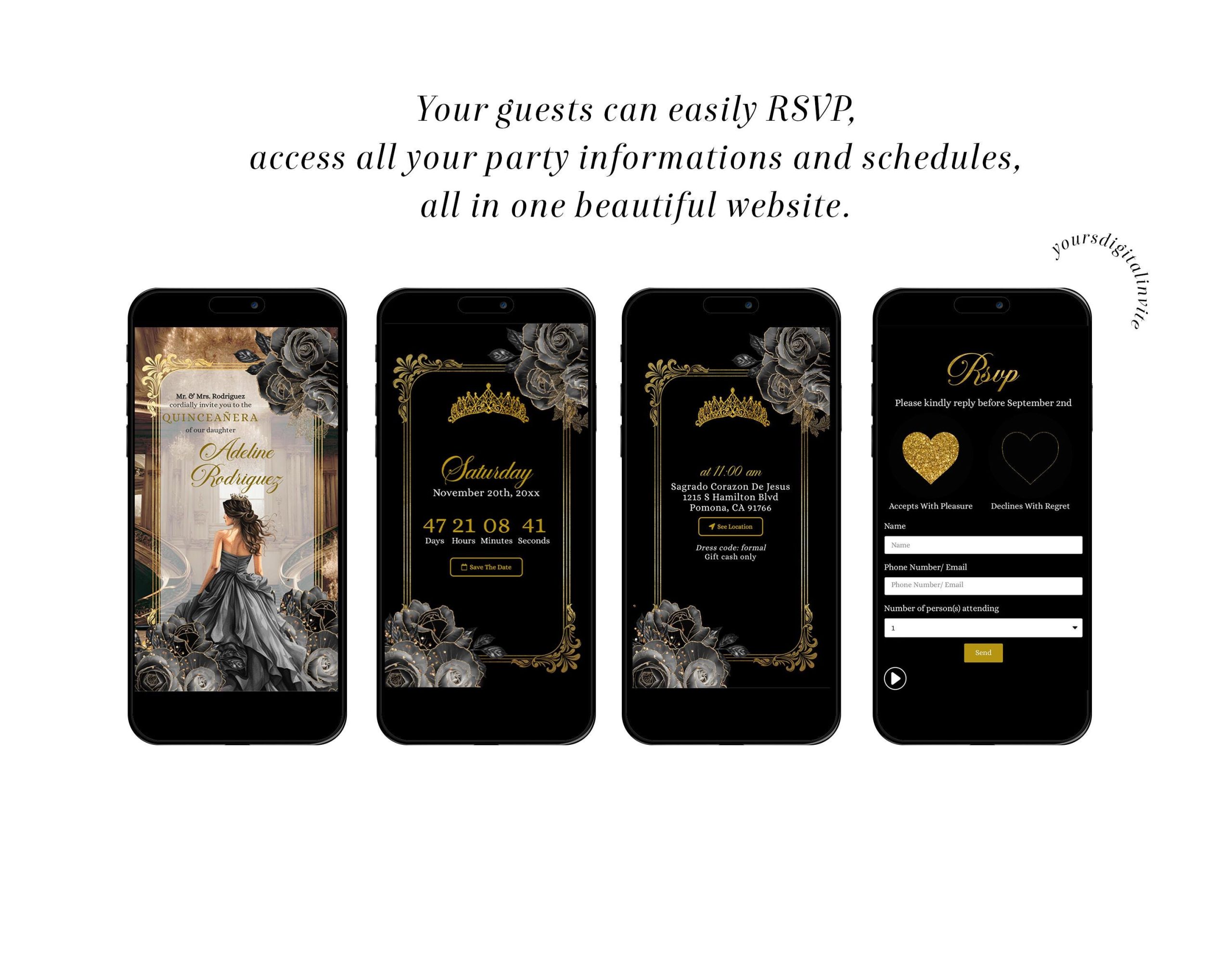 Royal Ballroom Gold and Black Rose Princess Quinceañera Invitation