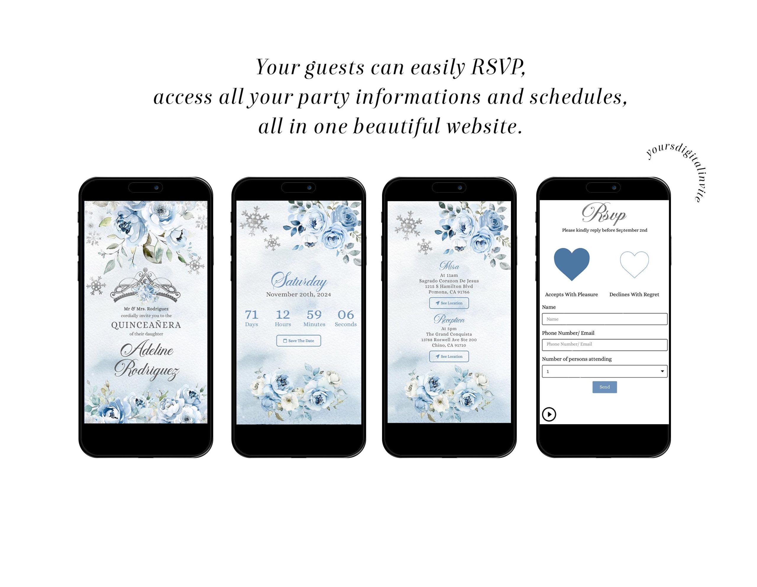 2 Winter Snowflakes Blue Mexican Quinceañera Invitation