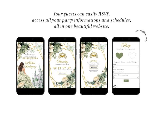Fairytale Castle Sage Green Floral Mexican Princess Quinceañera Invitation