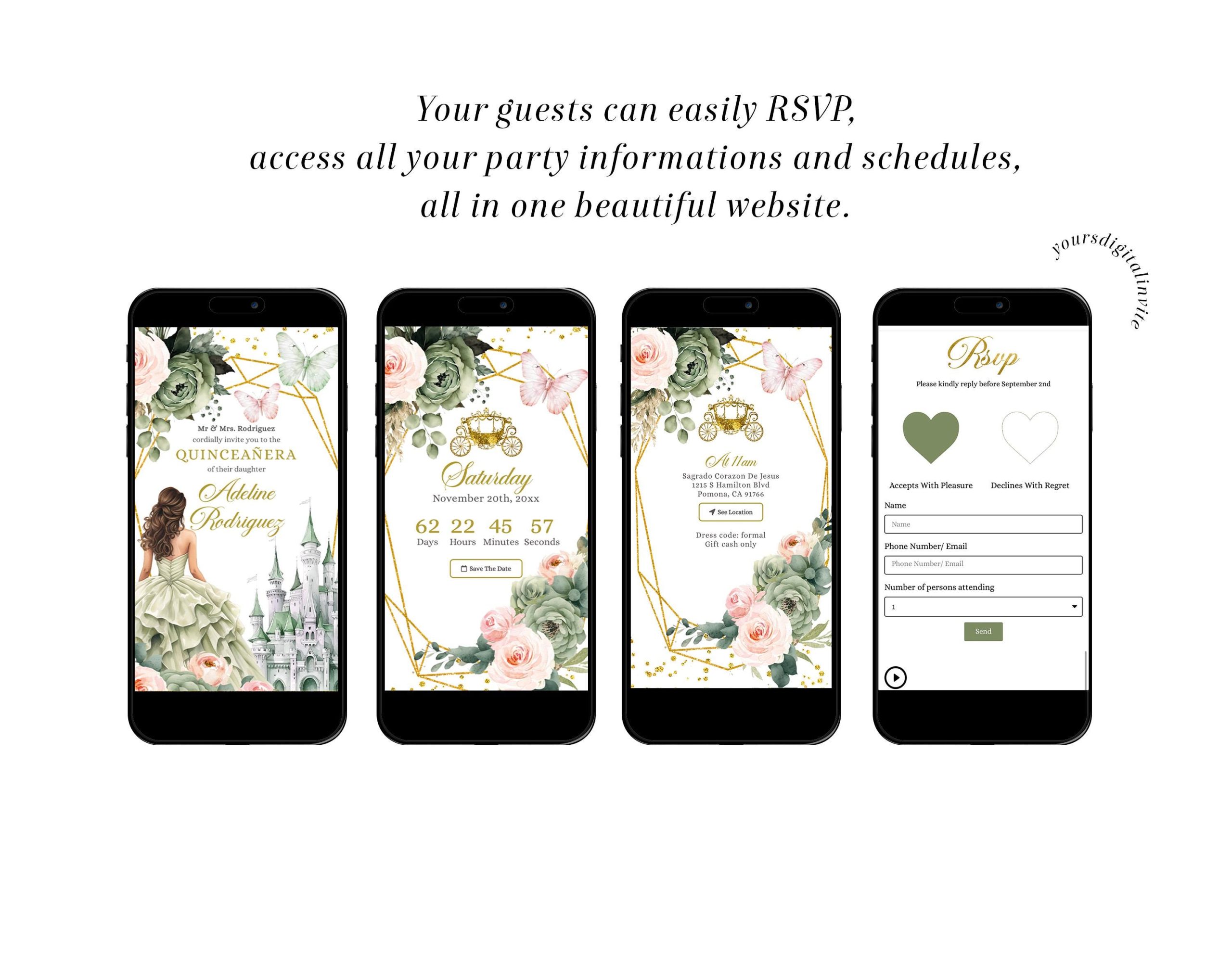 A6 Fairytale Castle Blush Pink Sage Green Floral Mexican Princess Quinceañera Invitation