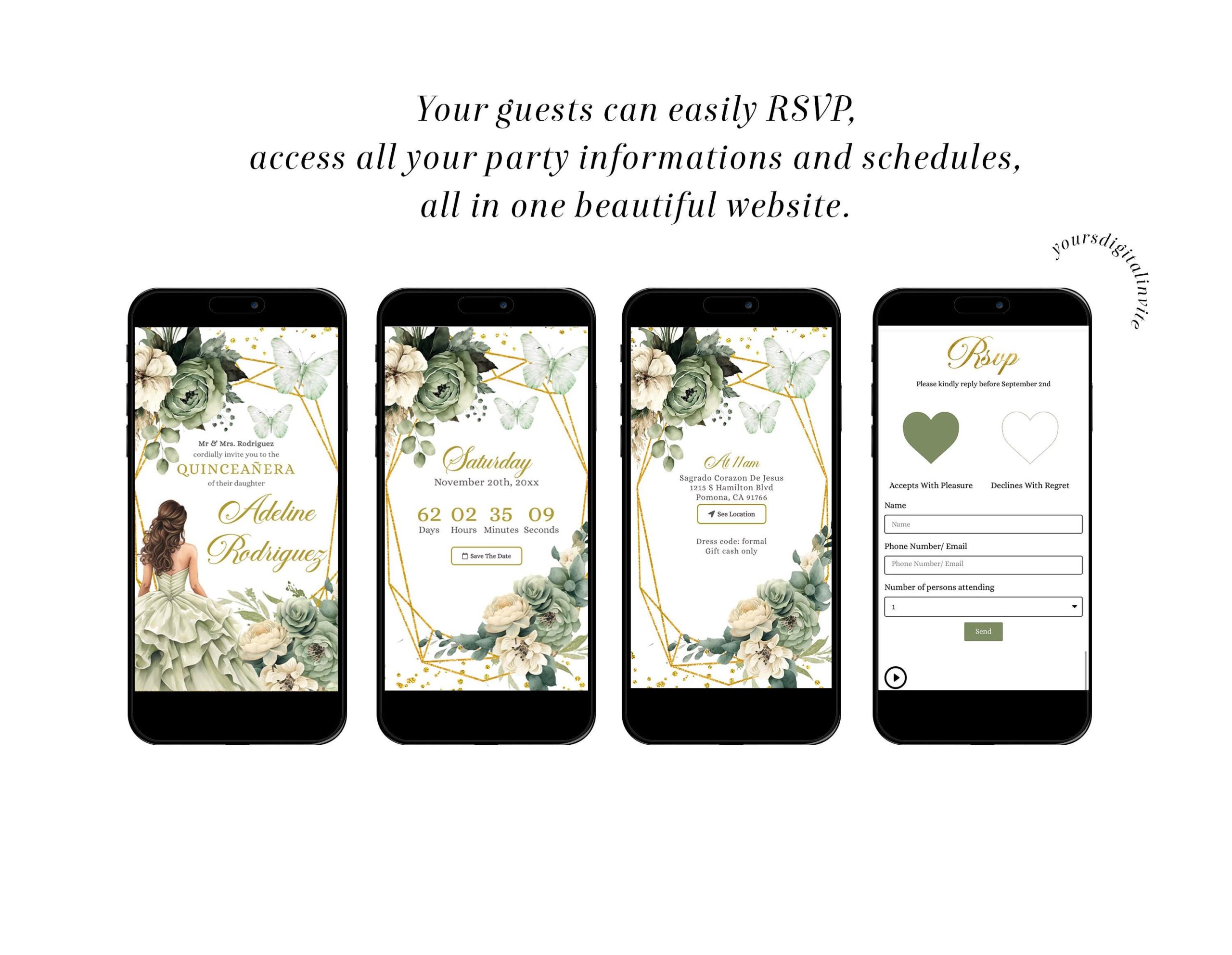 A6 Sage Green Floral Mexican Princess Quinceañera Invitation