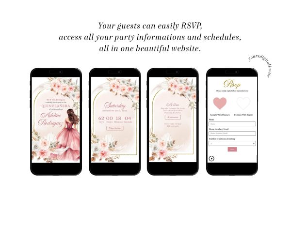 A6 Boho Blush Pink Mexican Princess Quinceañera Website Invitation