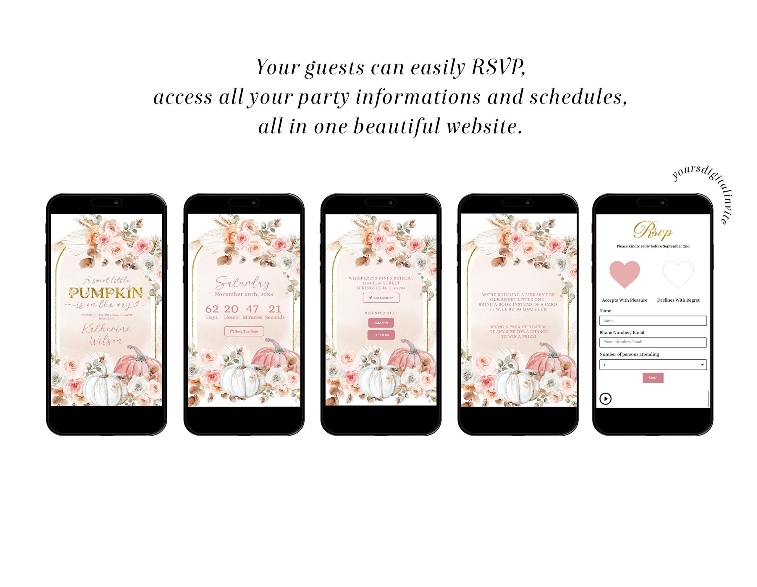 2 C54 PINK Boho Pink Pumpkin Baby Shower website Invitation