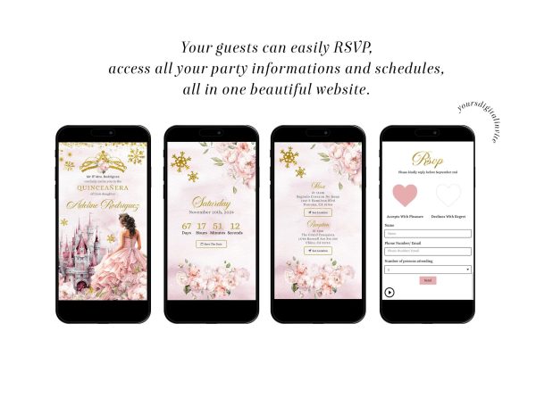 QW2 Winter Snowflakes Pink Royal Palace Quinceañera Invitation