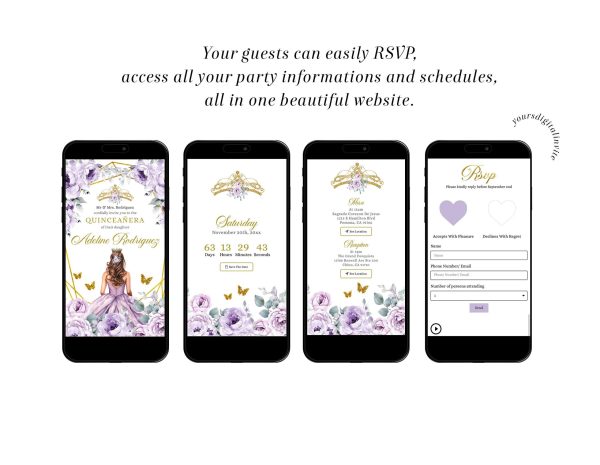 WA6 Elegant Gold Purple Mexican Princess Quinceañera Invitation