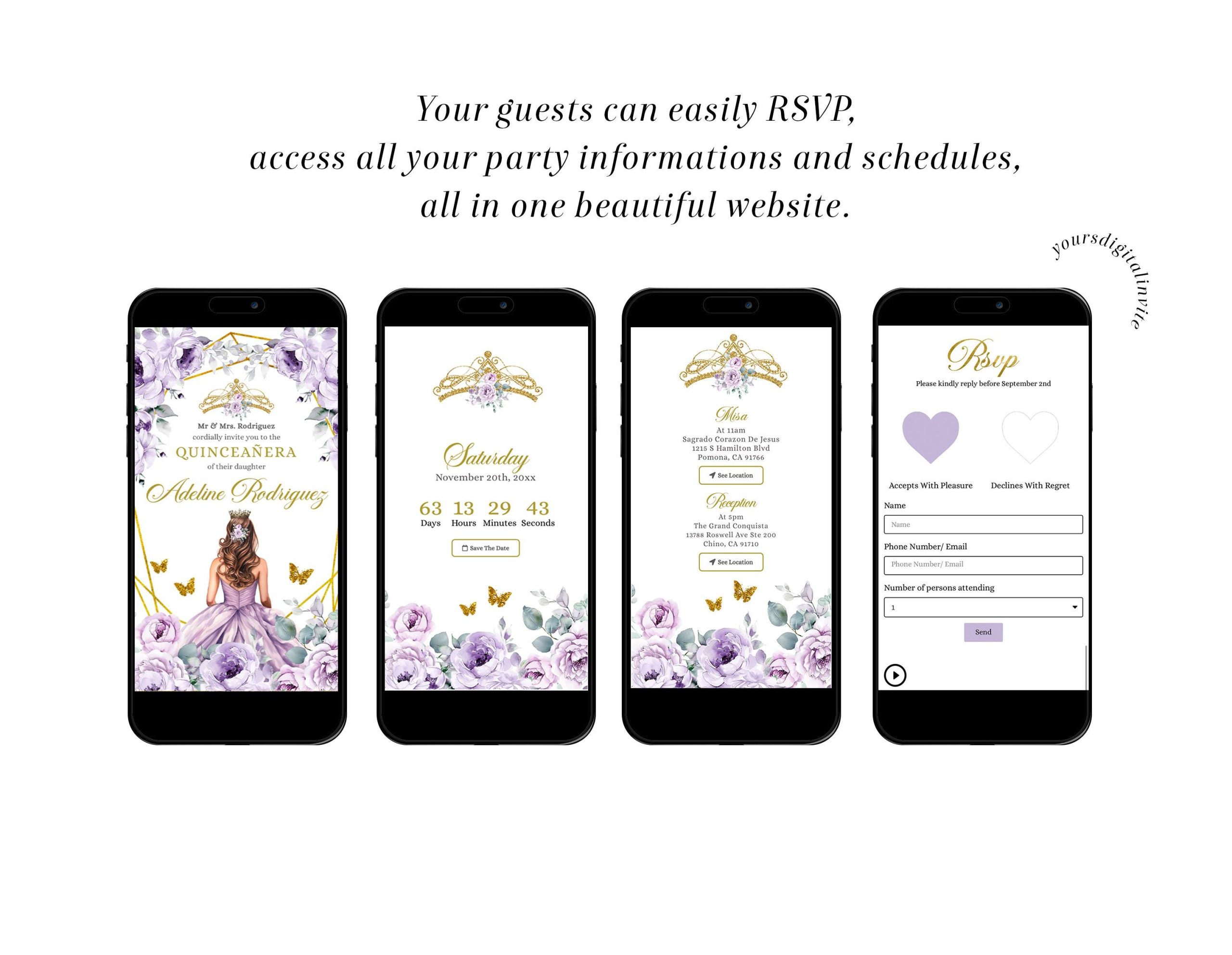 2 W6 PURPLE WA6 Elegant Gold Purple Mexican Princess Quinceañera Invitation