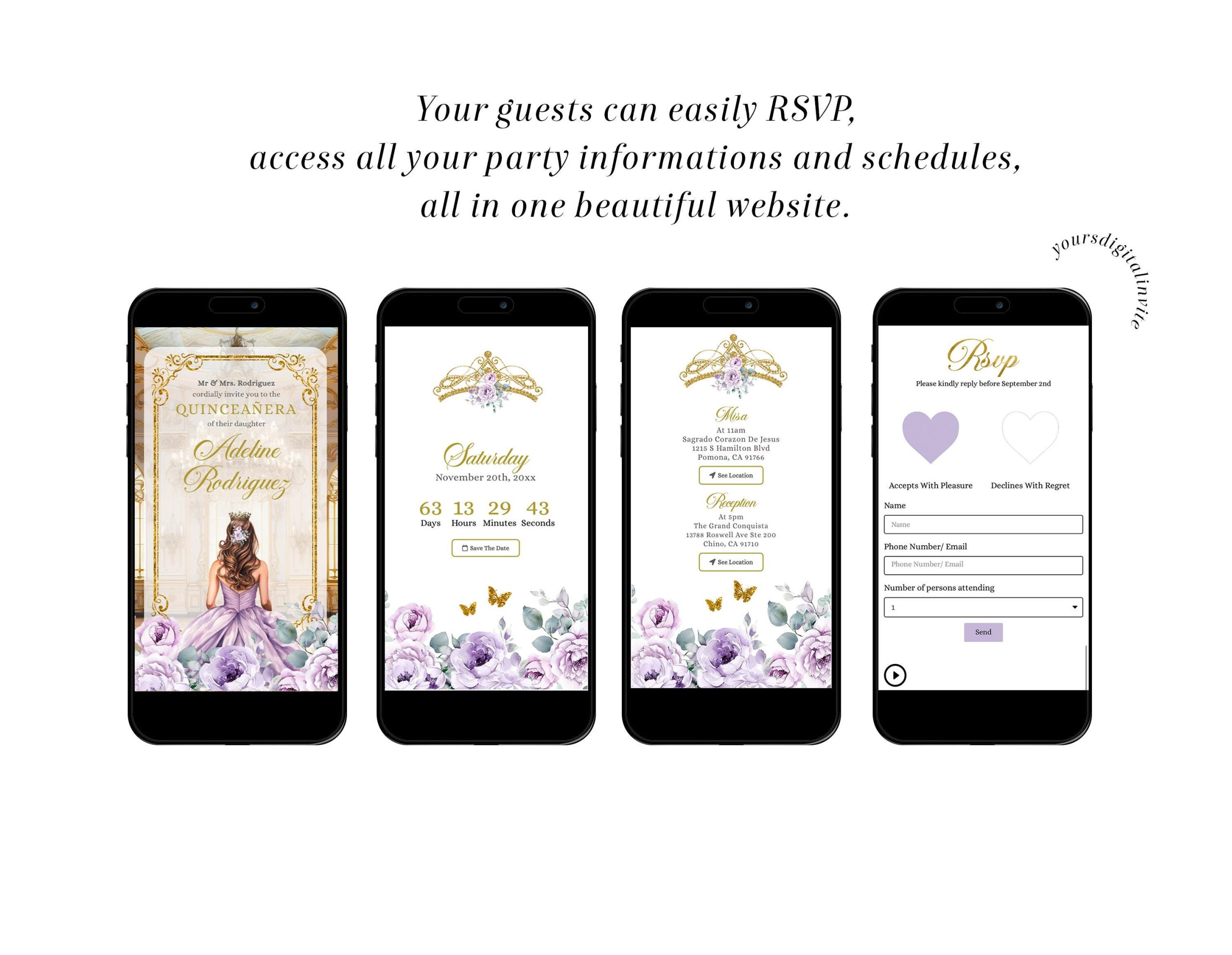 2 WA6 PURPLES Elegant Gold Purple Mexican Princess Royal Ballroom Quinceañera Invitation