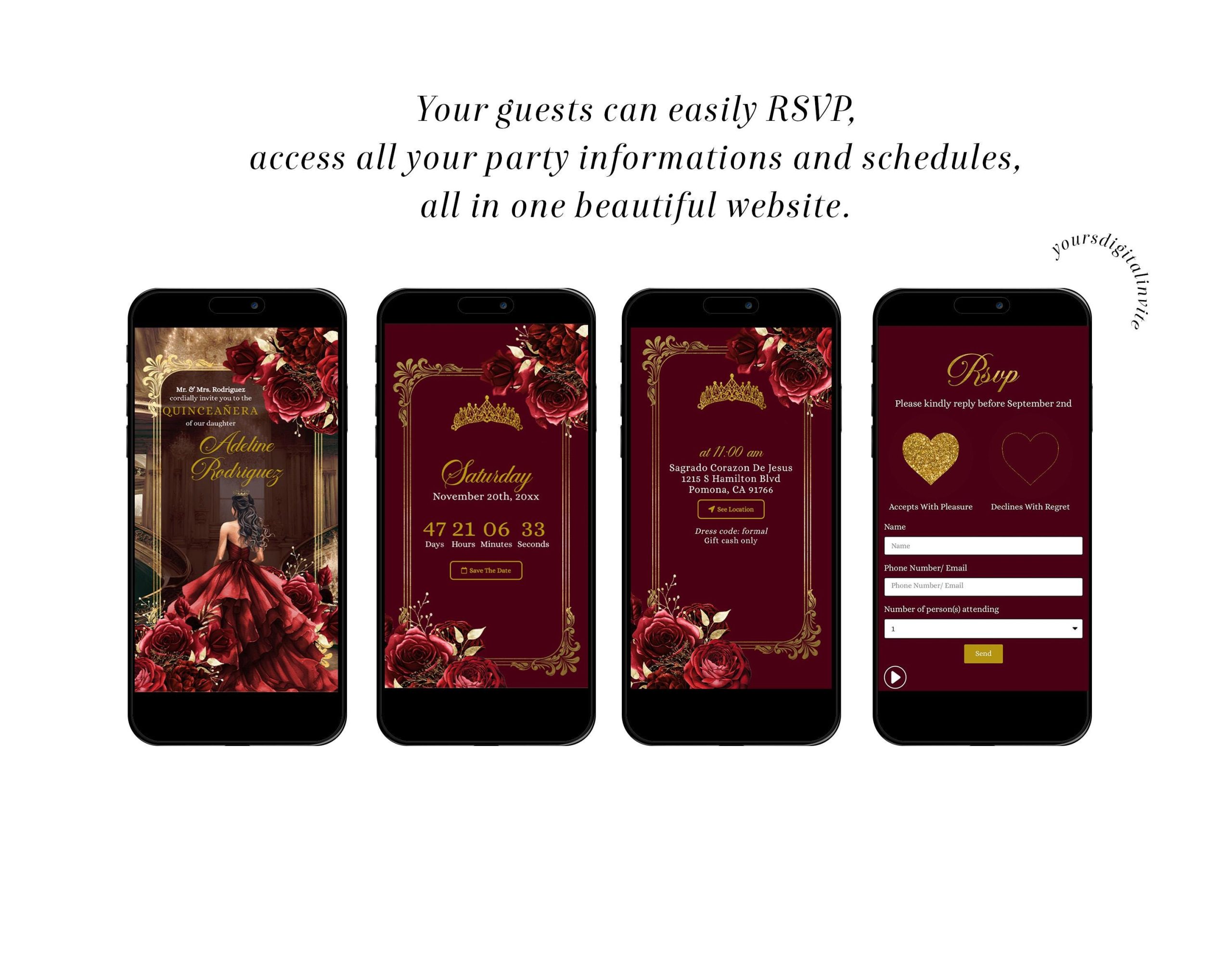 A10 Elegant Royal Palace Red Burgundy Red Floral Quinceañera Invitation