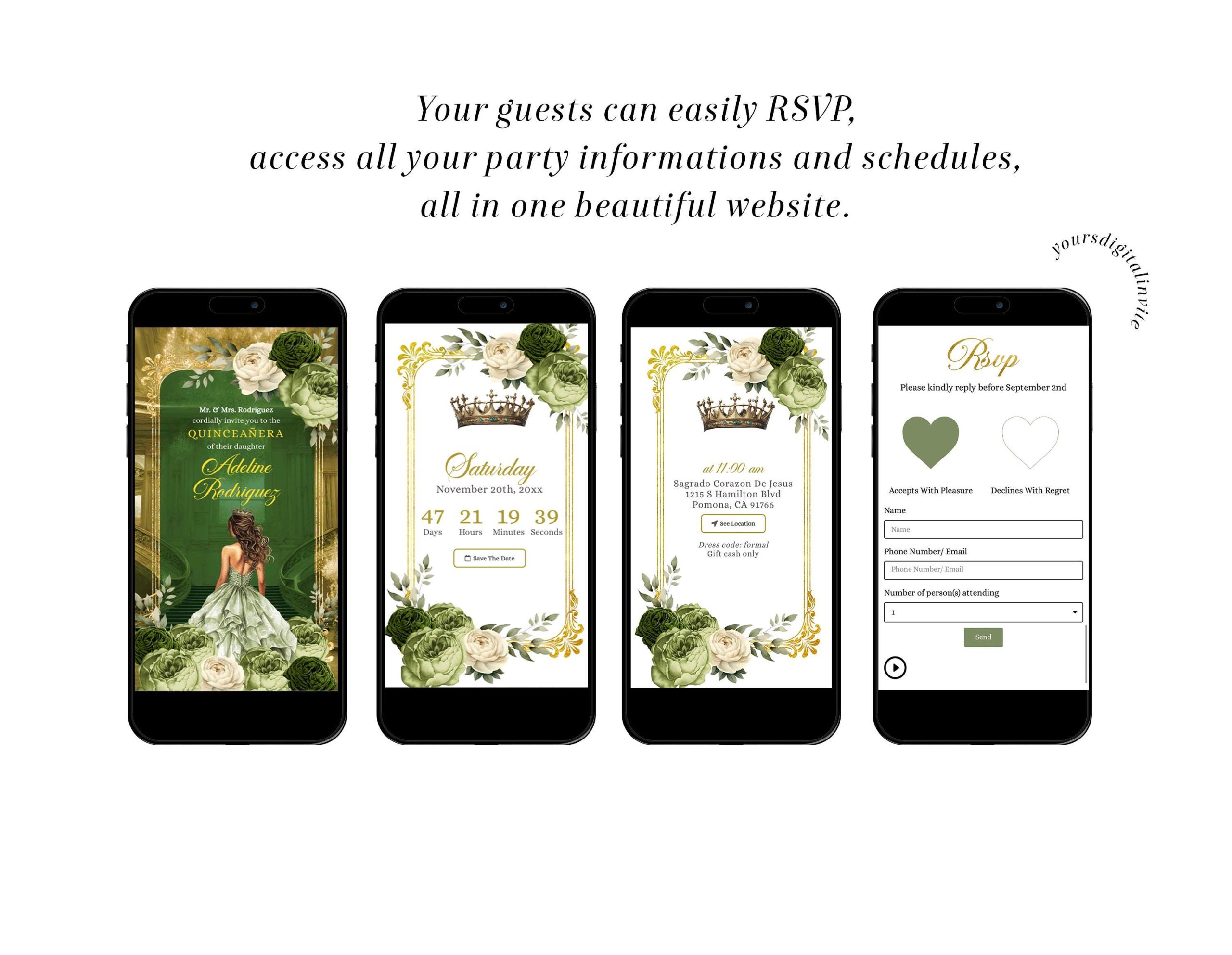 2 a10 sage Royal Grand Palace Sage Green Floral Mis Quince Invitation