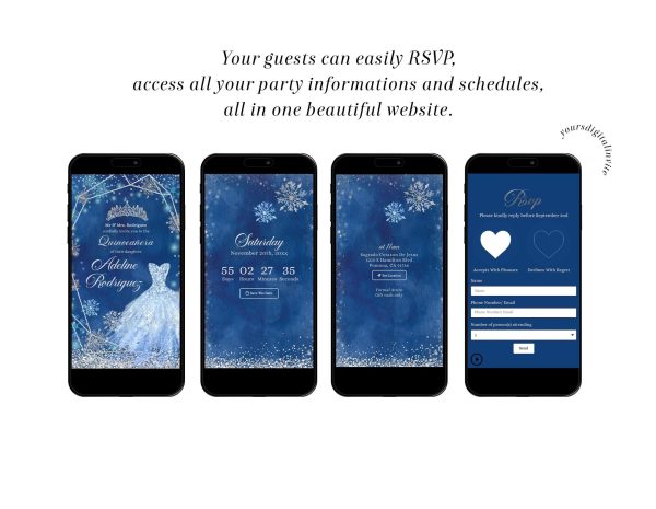 QW1 Navy Blue and Silver Winter Quinceañera Invitation