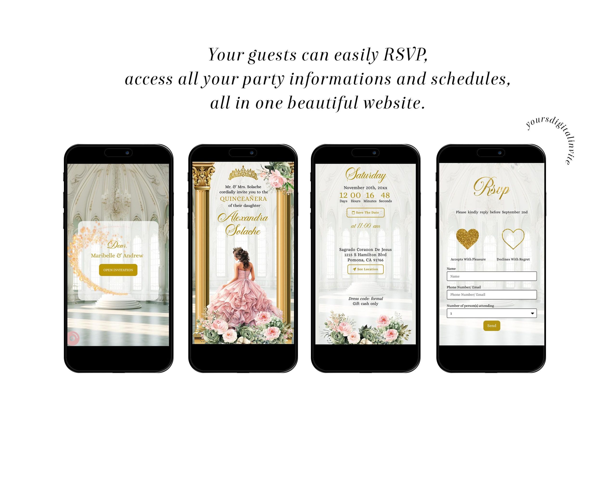 Pink Sage Floral Ballroom Quinceañera Invitation