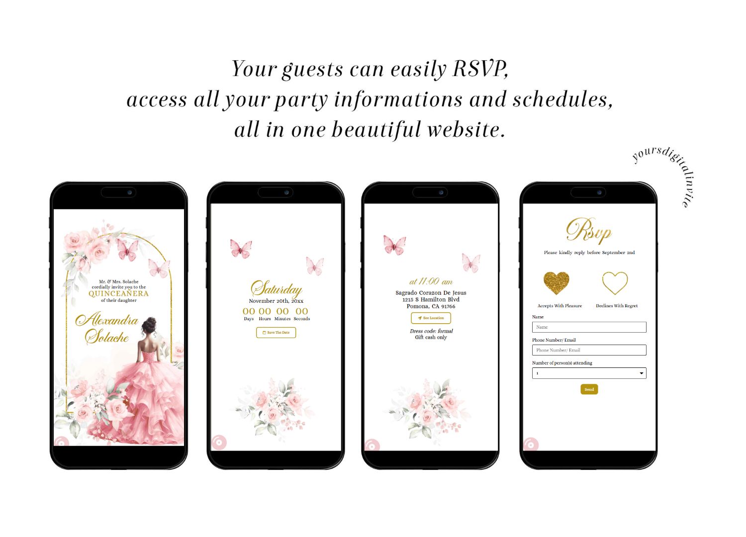 A17 Butterfly Rose Gold Pink Quinceanera Princess Invitation