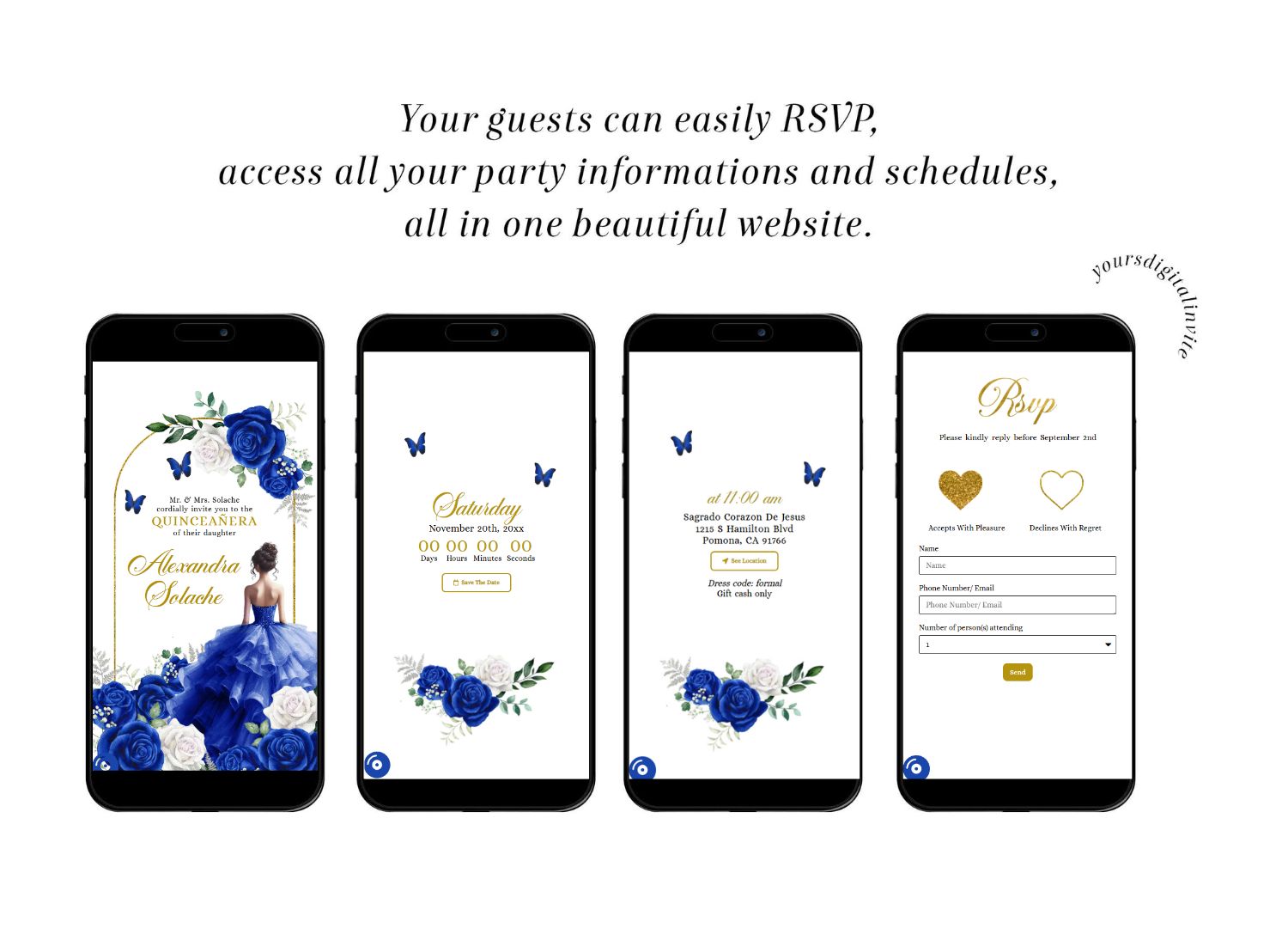 Elegant Royal Gold Royal Blue Quinceanera Princess Invitation