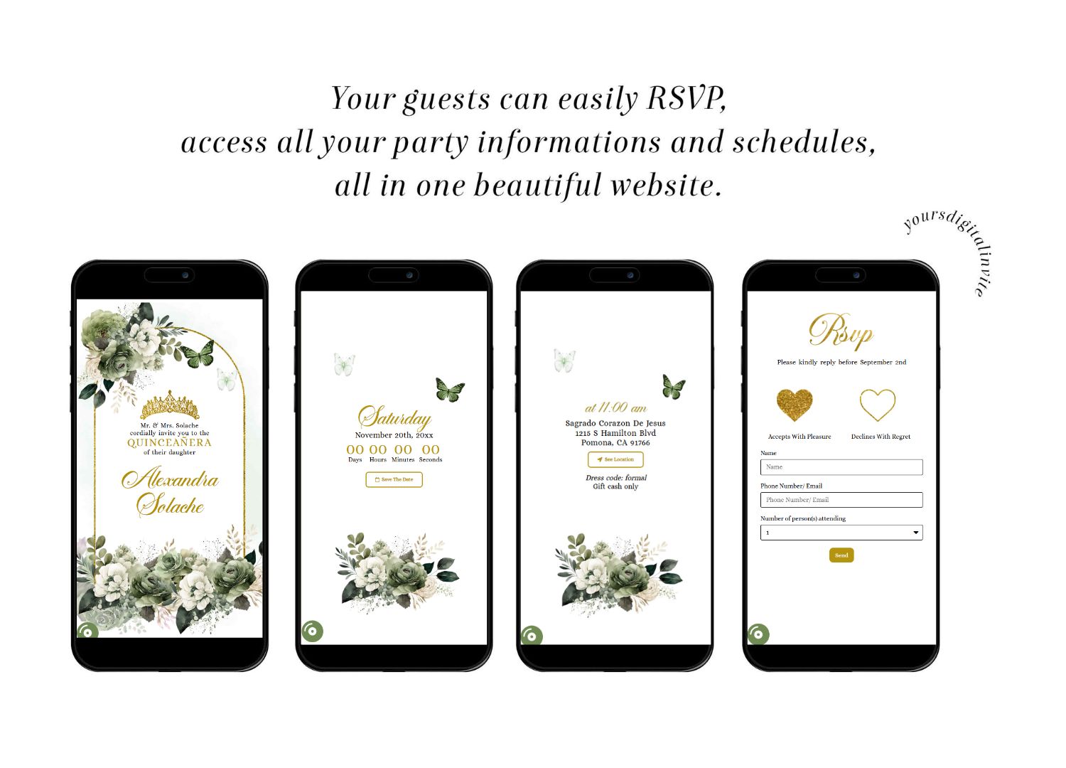 2 a17 sage 2 Elegant Sage green Mexican Princess Quinceanera Invitation