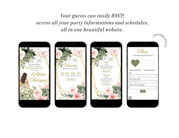 A6 Blush Pink Sage Green Floral Mexican Princess Quinceañera Invitation