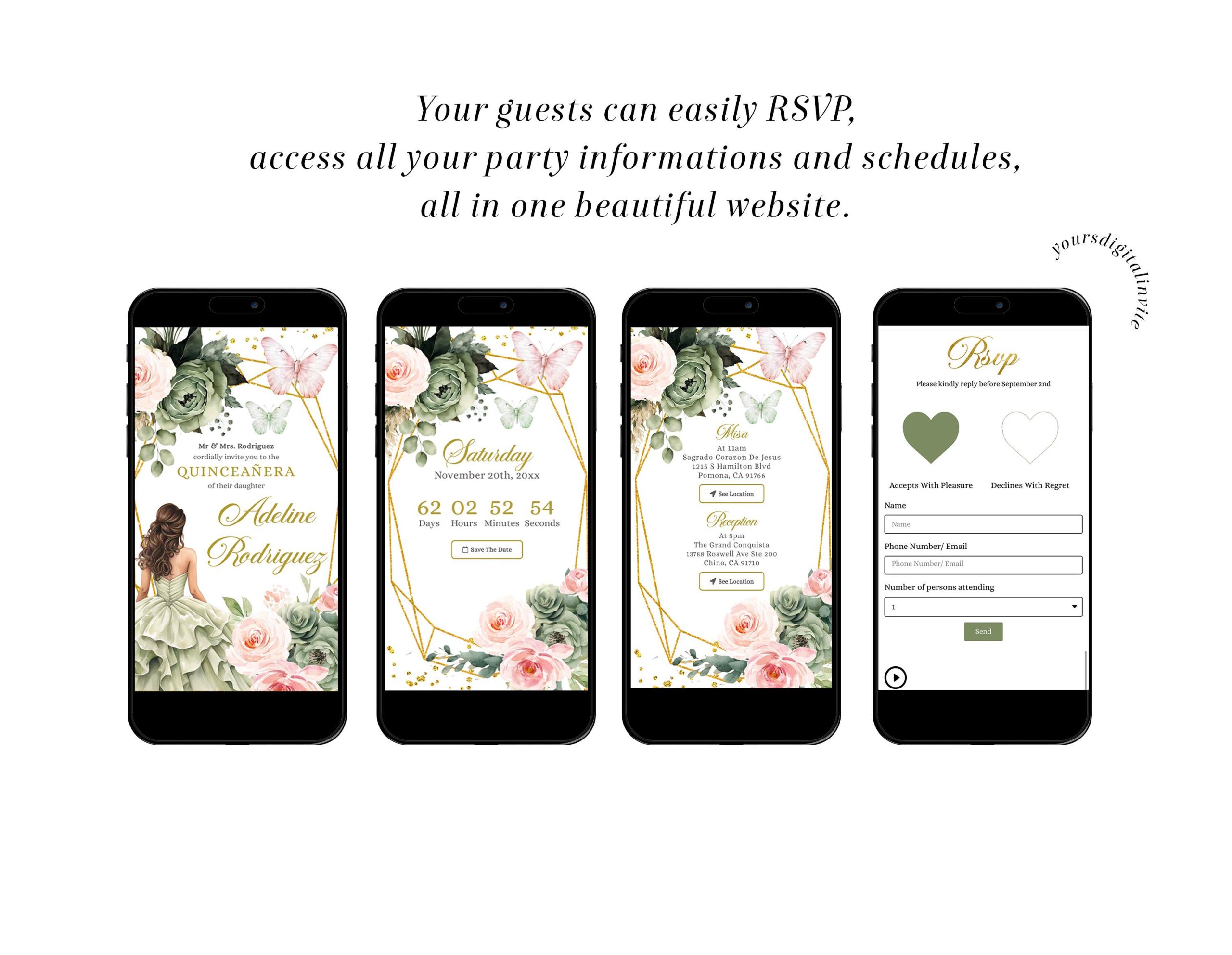 A6 Blush Pink Sage Green Floral Mexican Princess Quinceañera Invitation