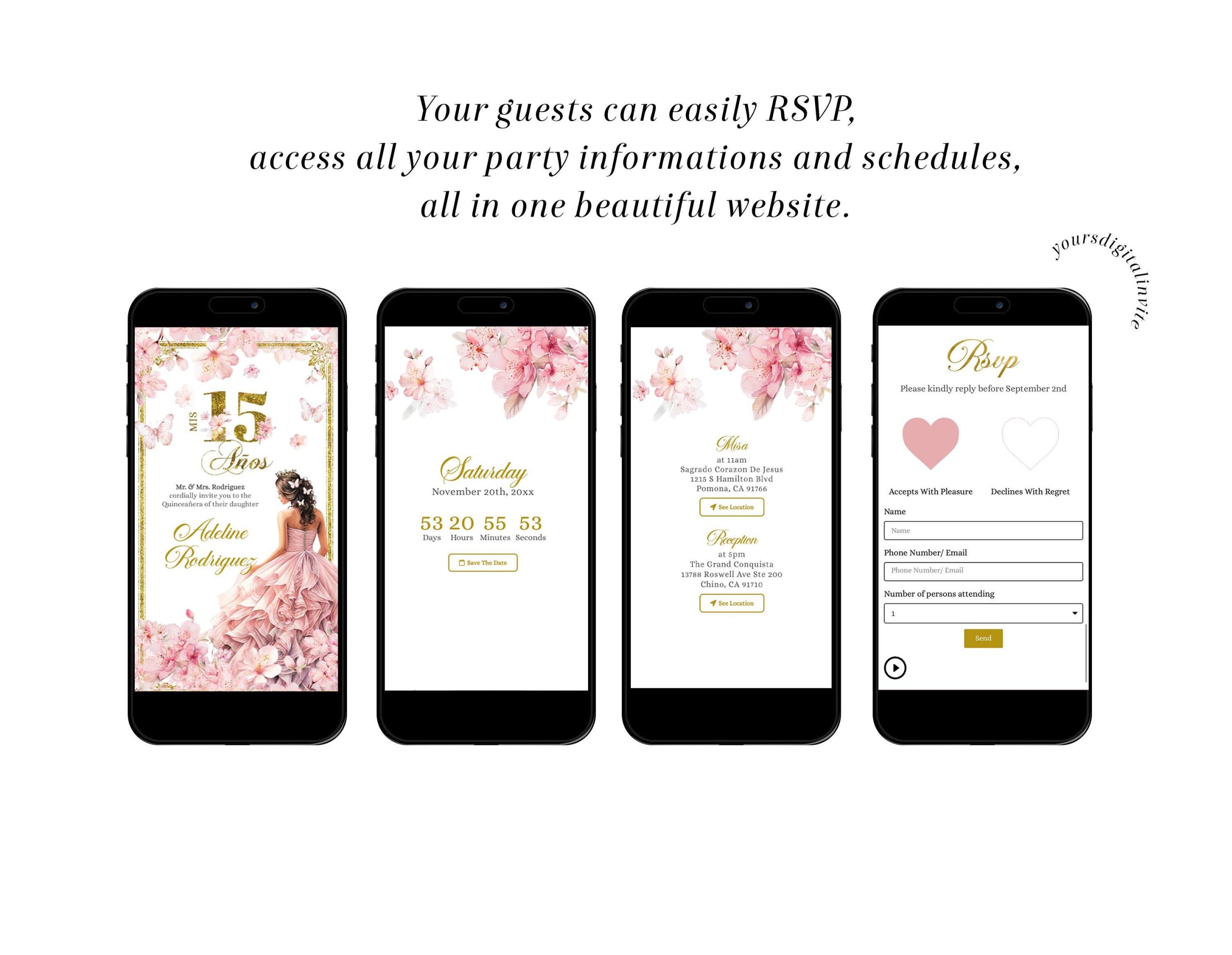 Pink Cherry Blossom Princess Quinceañera Invitation