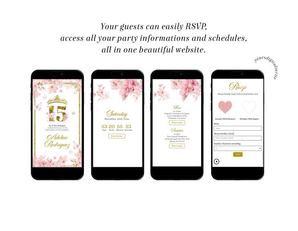 Pink Cherry Blossom Princess Quinceañera Invitation