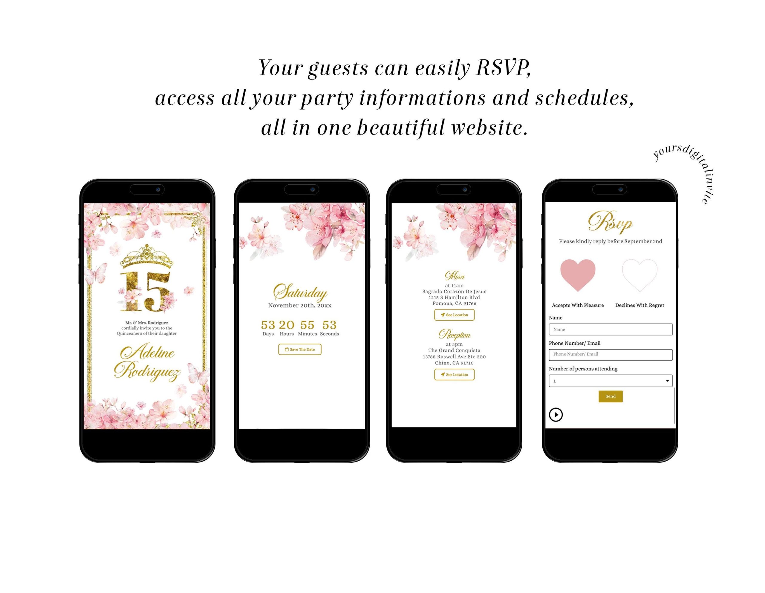 2 a8 pink Pink Cherry Blossom Princess Quinceañera Invitation