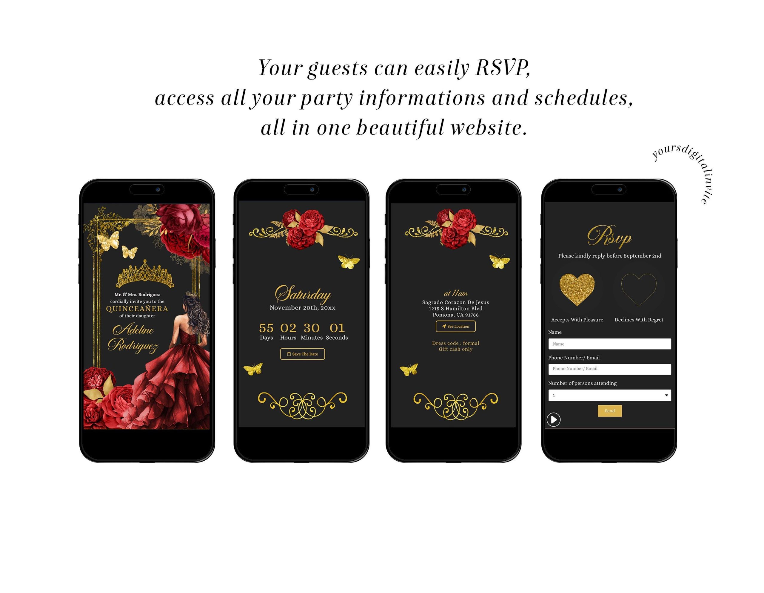 Elegant Red and Black Rose Princess Quinceañera Invitation