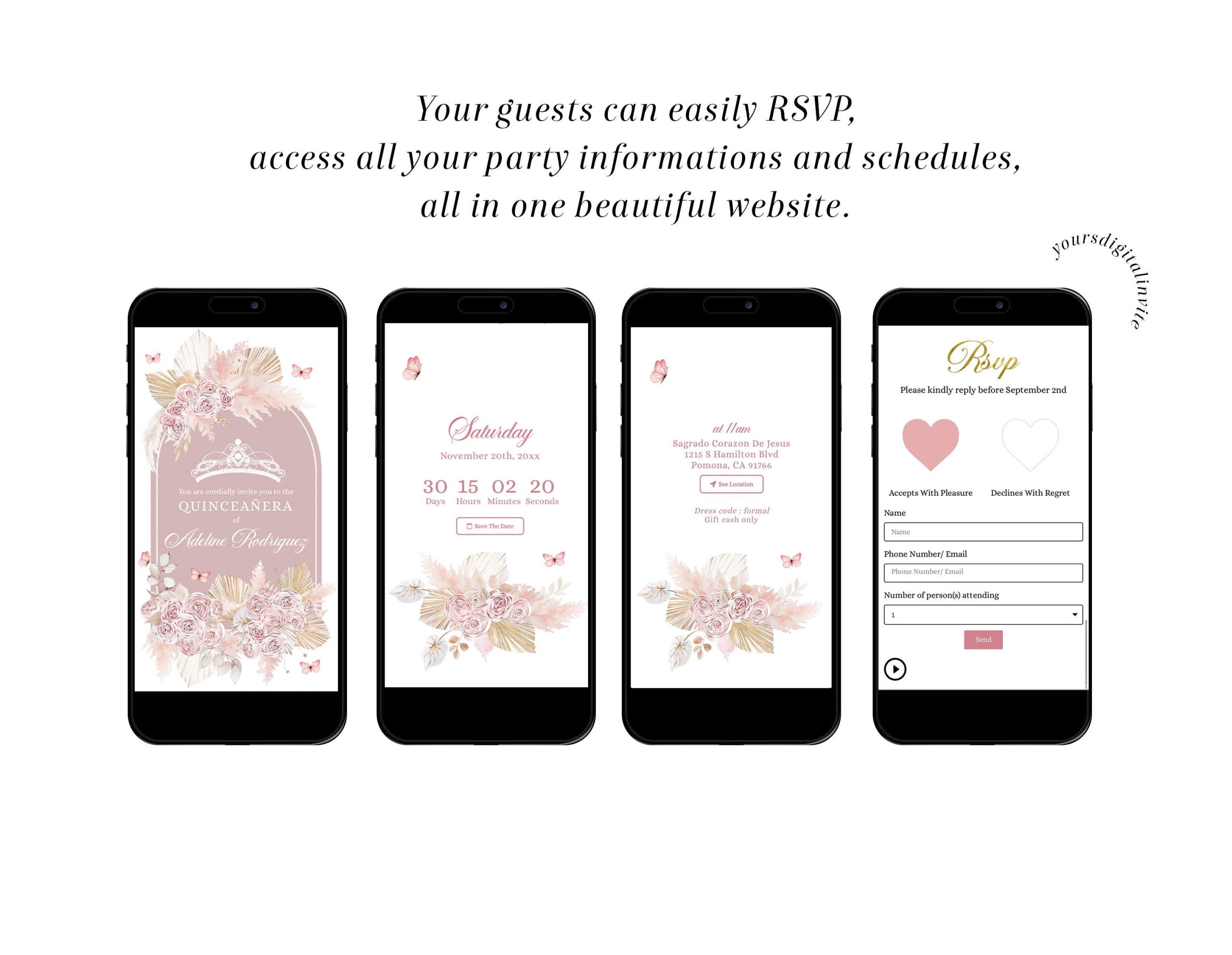 Q13p Pink Boho Crown Princess Quinceañera Invitation