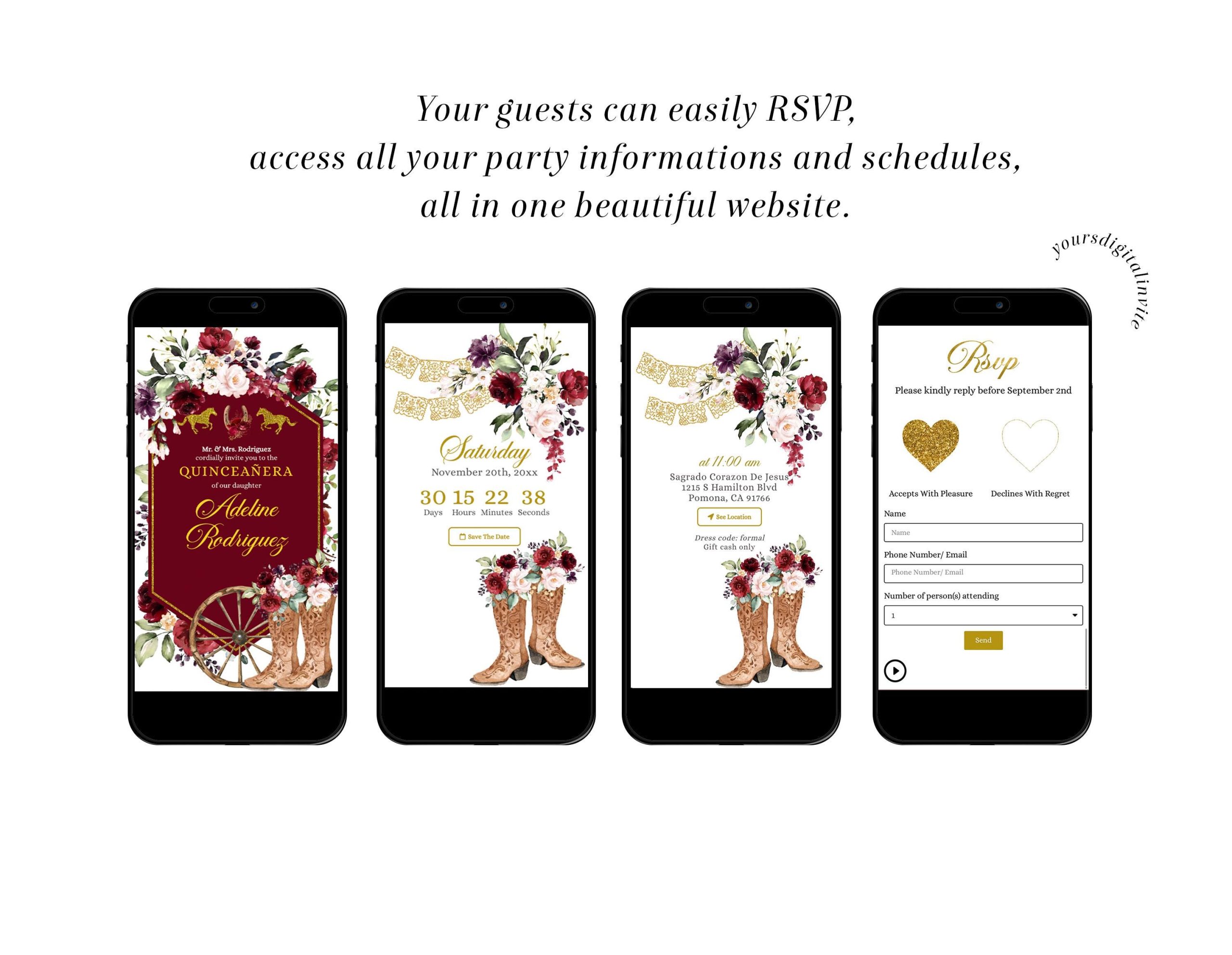 Q18 Gold and Red Burgundy Western Charra Quinceañera Invitation