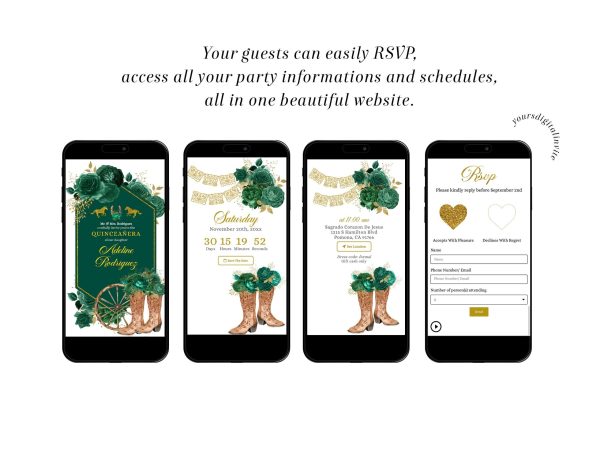 Gold and Emerald Green Western Charra Quinceañera Invitation