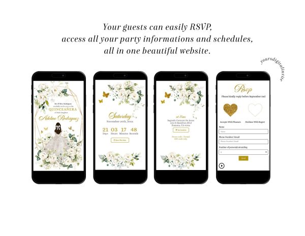 Q16 Digital Creamy White and Gold Floral Mis Quince Anos Mini Website